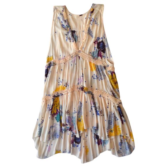 Free People Purple Light Pink Boho Floral Tiered Tunic Tank Top Size Small - Picture 1 of 9